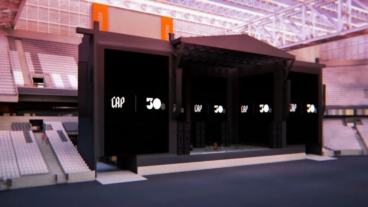 Exemplo da estrutura de palco na arquibancada retrátil. (Foto: Reprodução/Athletico)