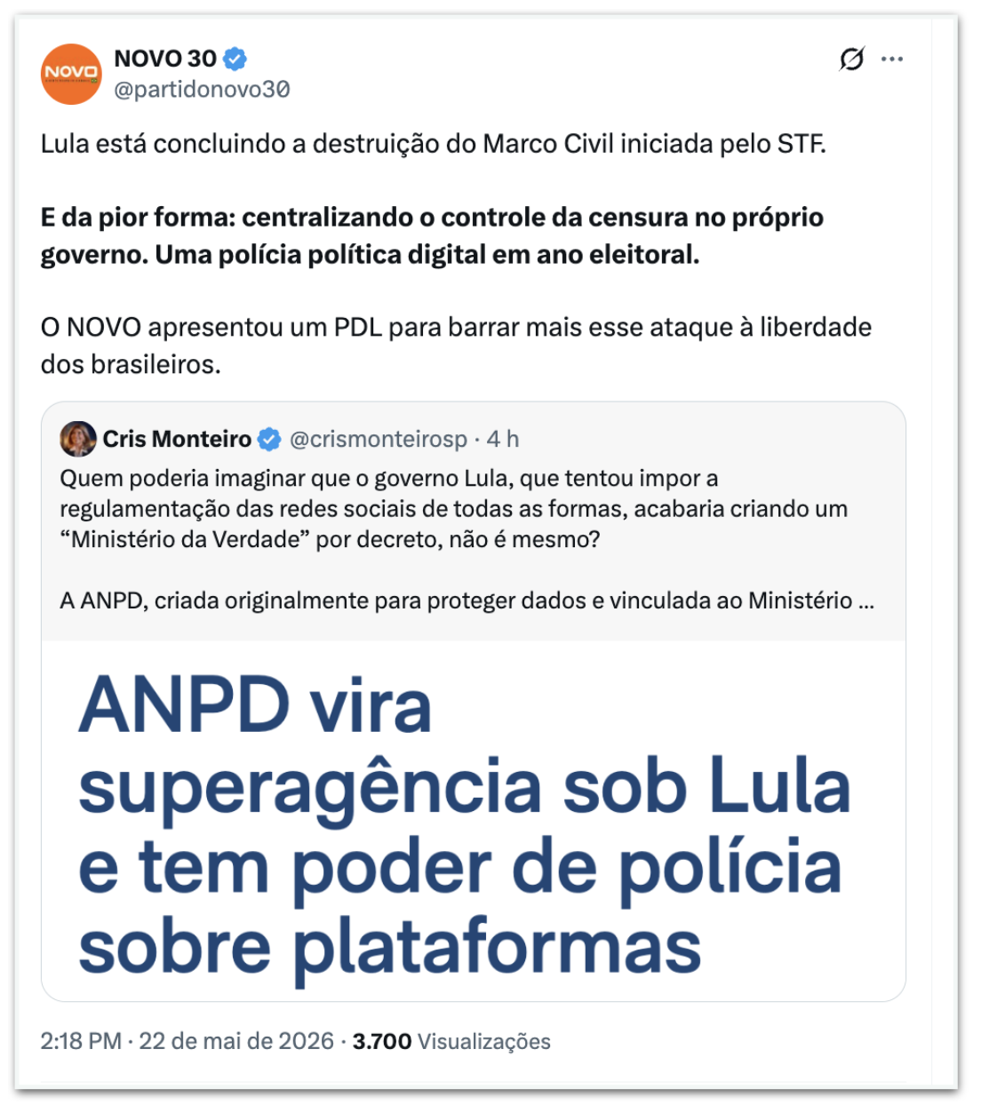 Post do Partido Novo