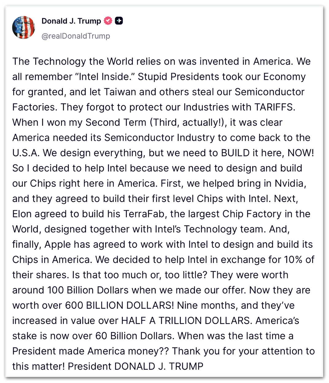Publicação de Donald Trump anunciando que a Intel e a Apple passarão a fabricar chips dentro dos EUA