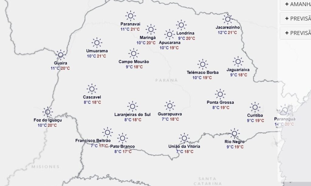 Mapa da previsão para domingo, 21 de junho