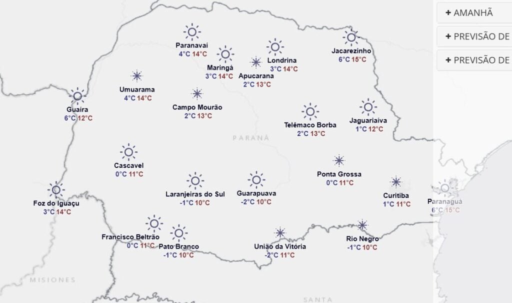 Mapa da previsão para quarta-feira, 24 de junho