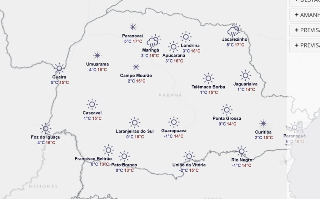 Mapa da previsão para quinta-feira, 25 de junho