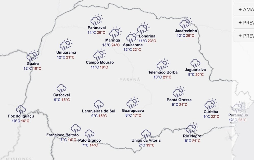 Mapa da previsão para segunda-feira, 22 de junho