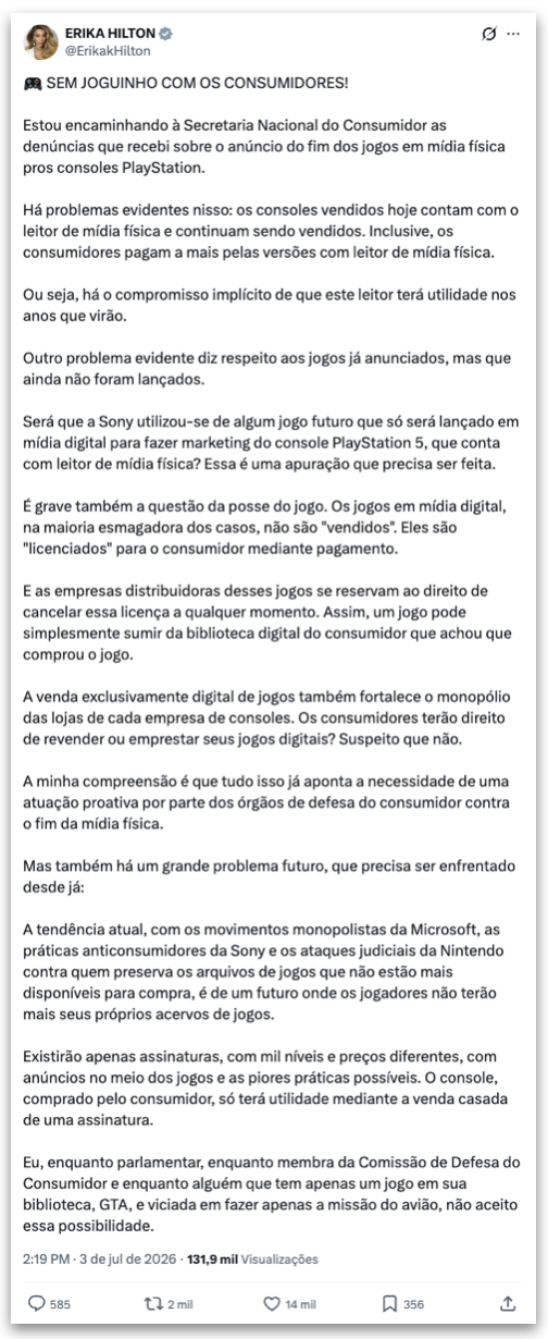 Postagem de Erika Hilton sobre o fim da mídia física